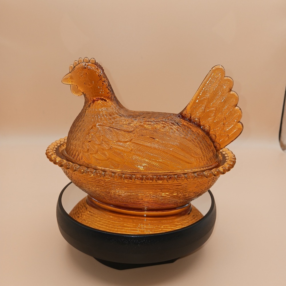 Indiana Glass Amber Hen on Nest Beaded Nest Candy Dish Vintage Farmhouse Decor